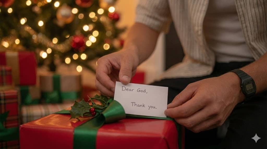 person placing a gift tag on a gift that says Dear God thank you