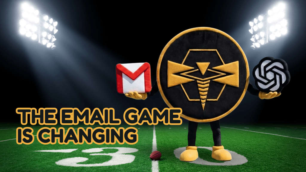 bee mascot holding an email and chatgpt stuff animal on a football field