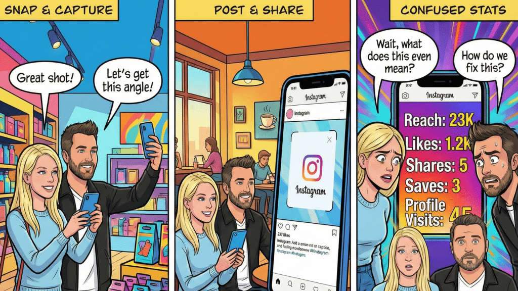 A three-panel comic strip featuring a man in a black jacket and pink shirt and a woman in a light blue shirt. In the first panel, they take a selfie in a shop. In the second, they post the photo to Instagram. In the third panel, they look confused while staring at a phone screen displaying complex Instagram metrics like reach, likes, and shares.