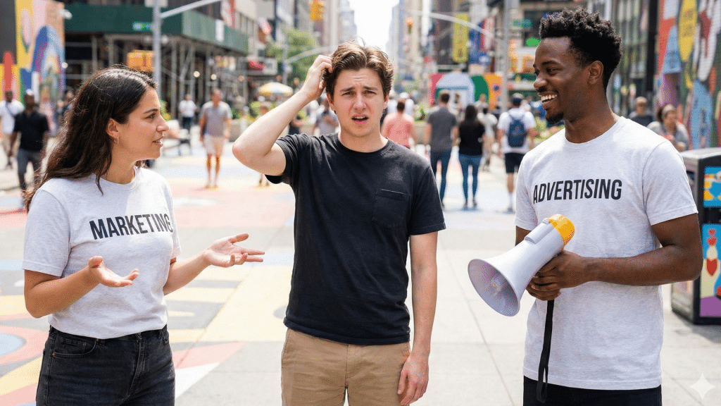 woman wearing marketing shirt, man looking confused, another man wearing advertising shirt