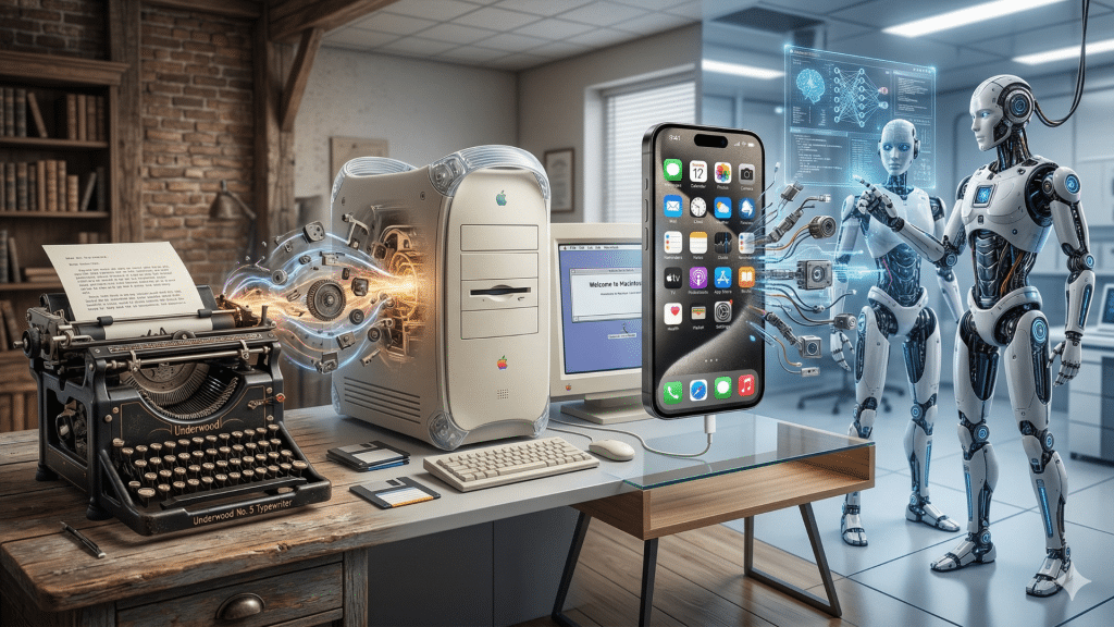 vintage typewriter, macintosh computer tower, iphone, ai powered robots